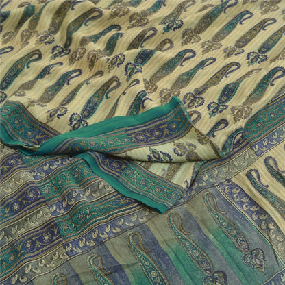 Sanskriti Vintage Sarees Green Pure Crepe Silk Paisley Printed Sari Craft Sustainable Fabric