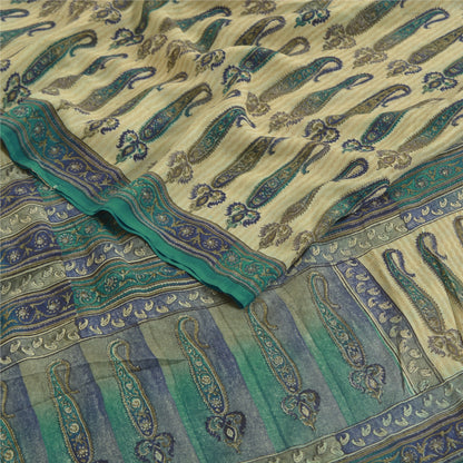Sanskriti Vintage Sarees Green Pure Crepe Silk Paisley Printed Sari Craft Sustainable Fabric