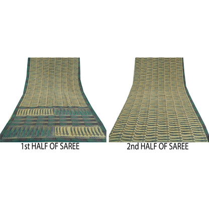 Sanskriti Vintage Sarees Green Pure Crepe Silk Paisley Printed Sari Craft Sustainable Fabric