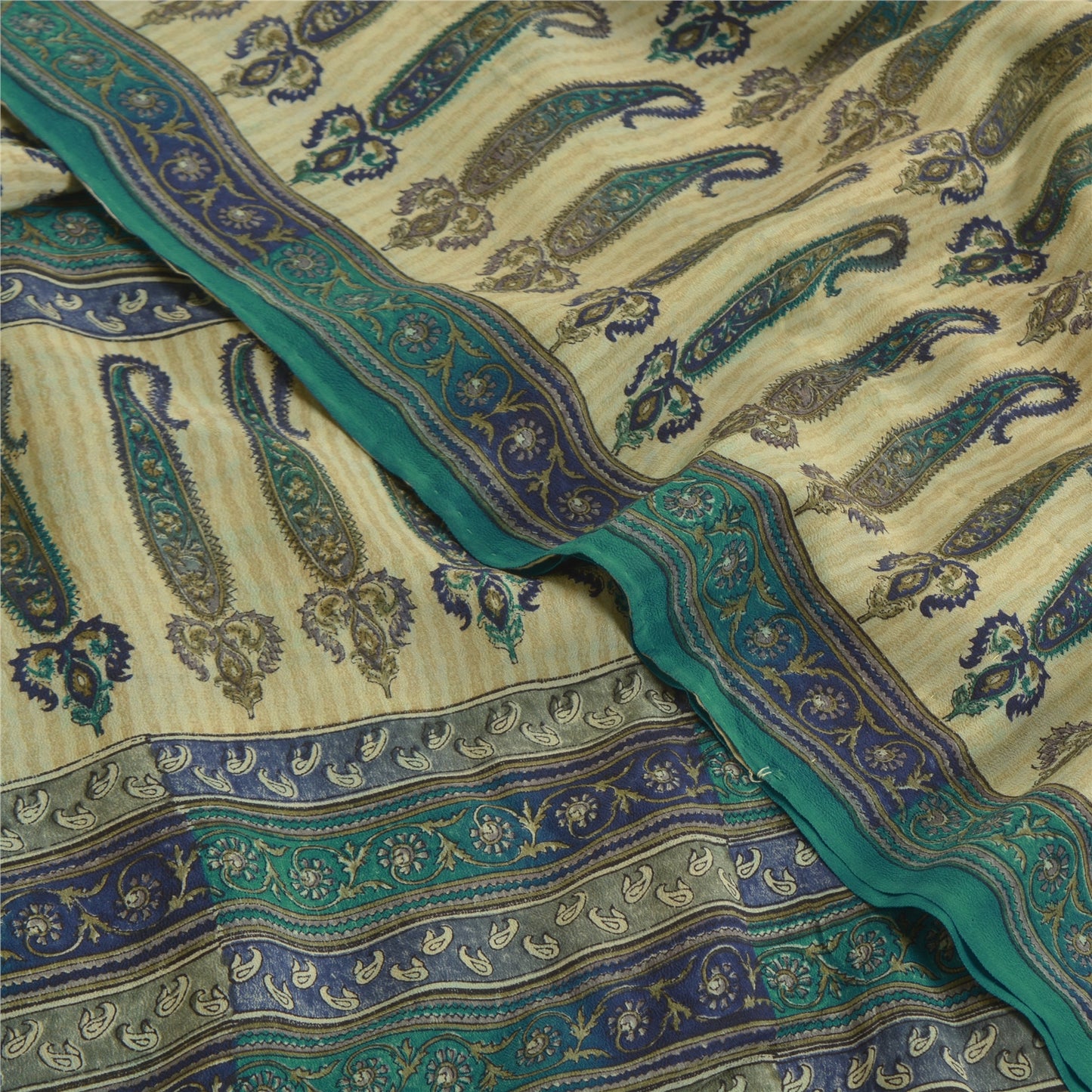 Sanskriti Vintage Sarees Green Pure Crepe Silk Paisley Printed Sari Craft Sustainable Fabric