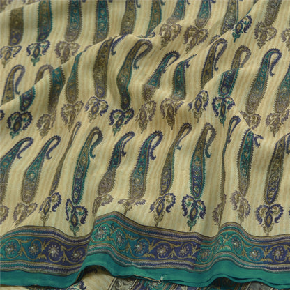 Sanskriti Vintage Sarees Green Pure Crepe Silk Paisley Printed Sari Craft Sustainable Fabric