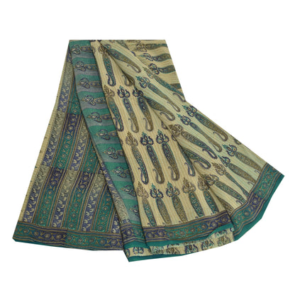 Sanskriti Vintage Sarees Green Pure Crepe Silk Paisley Printed Sari Craft Sustainable Fabric
