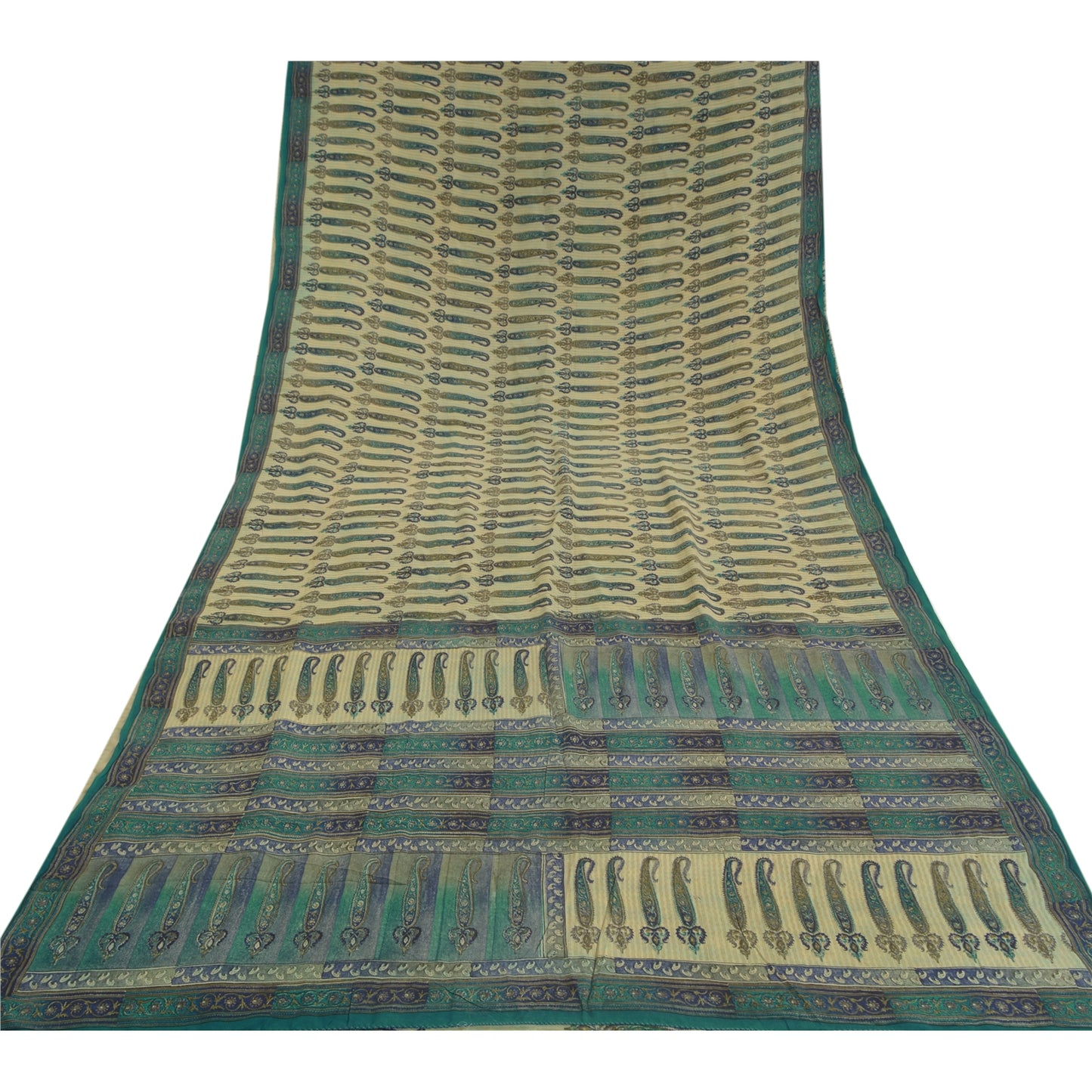 Sanskriti Vintage Sarees Green Pure Crepe Silk Paisley Printed Sari Craft Sustainable Fabric