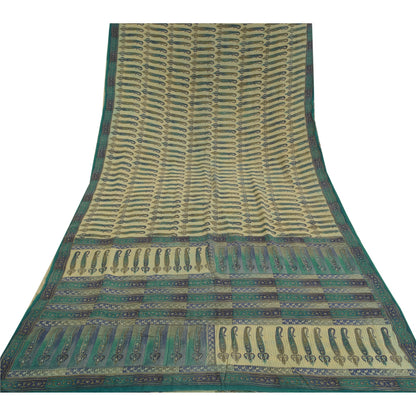 Sanskriti Vintage Sarees Green Pure Crepe Silk Paisley Printed Sari Craft Sustainable Fabric
