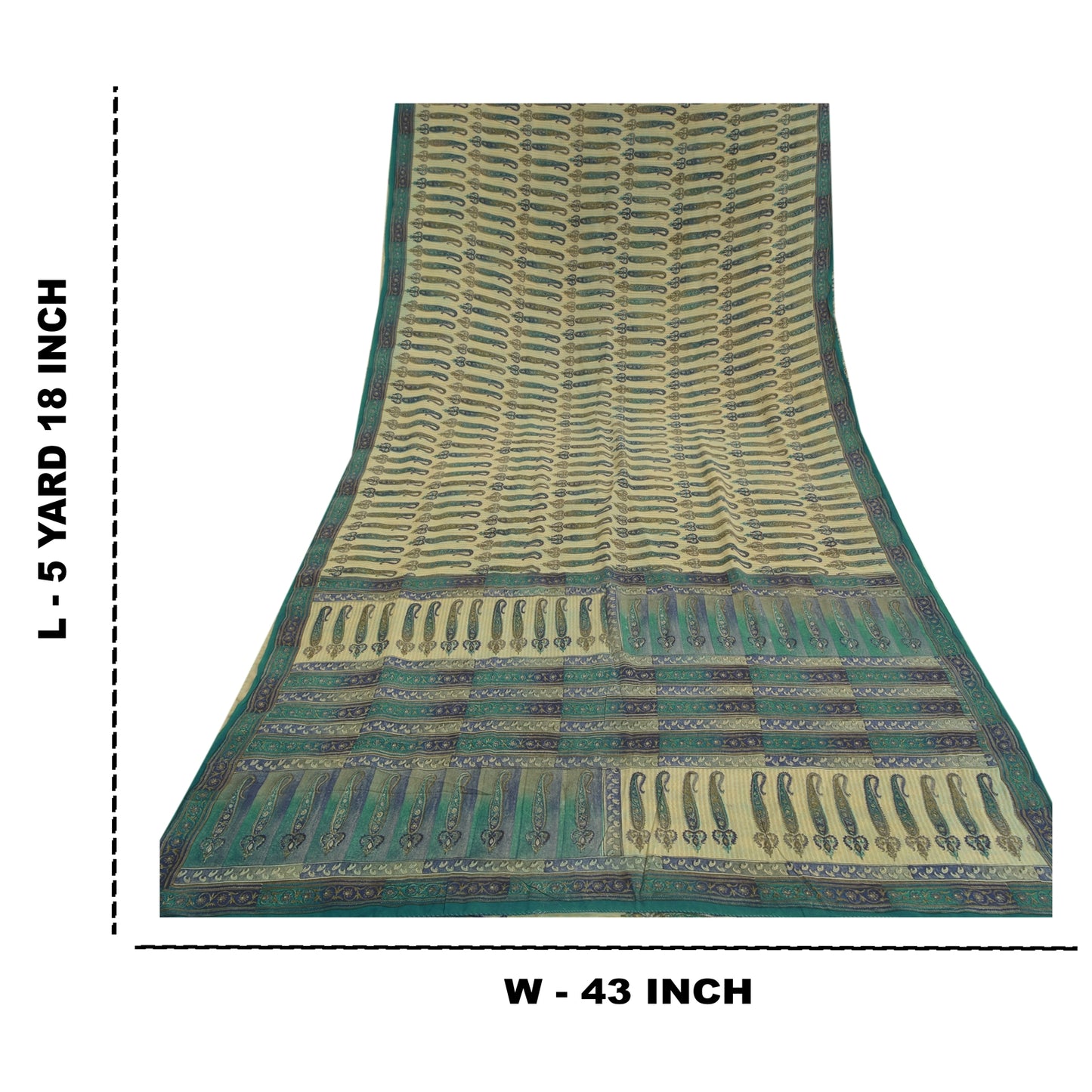 Sanskriti Vintage Sarees Green Pure Crepe Silk Paisley Printed Sari Craft Sustainable Fabric