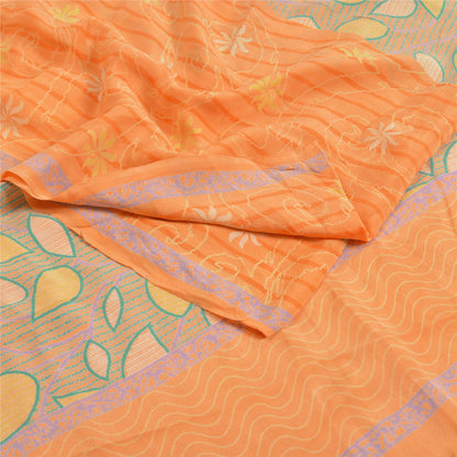 Sanskriti Vintage Sarees Indian Peach Pure Crepe Silk Printed Sari Craft Sustainable Fabric