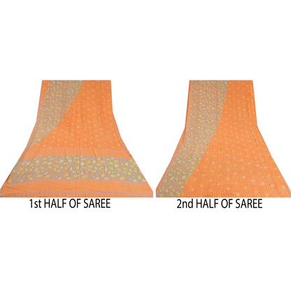 Sanskriti Vintage Sarees Indian Peach Pure Crepe Silk Printed Sari Craft Sustainable Fabric