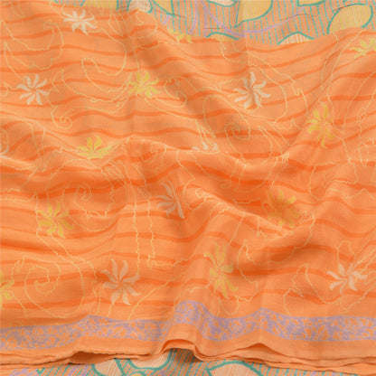 Sanskriti Vintage Sarees Indian Peach Pure Crepe Silk Printed Sari Craft Sustainable Fabric