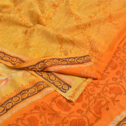 Sanskriti Vintage Sarees Yellow 100% Pure Crepe Silk Printed Sari Craft Sustainable Fabric