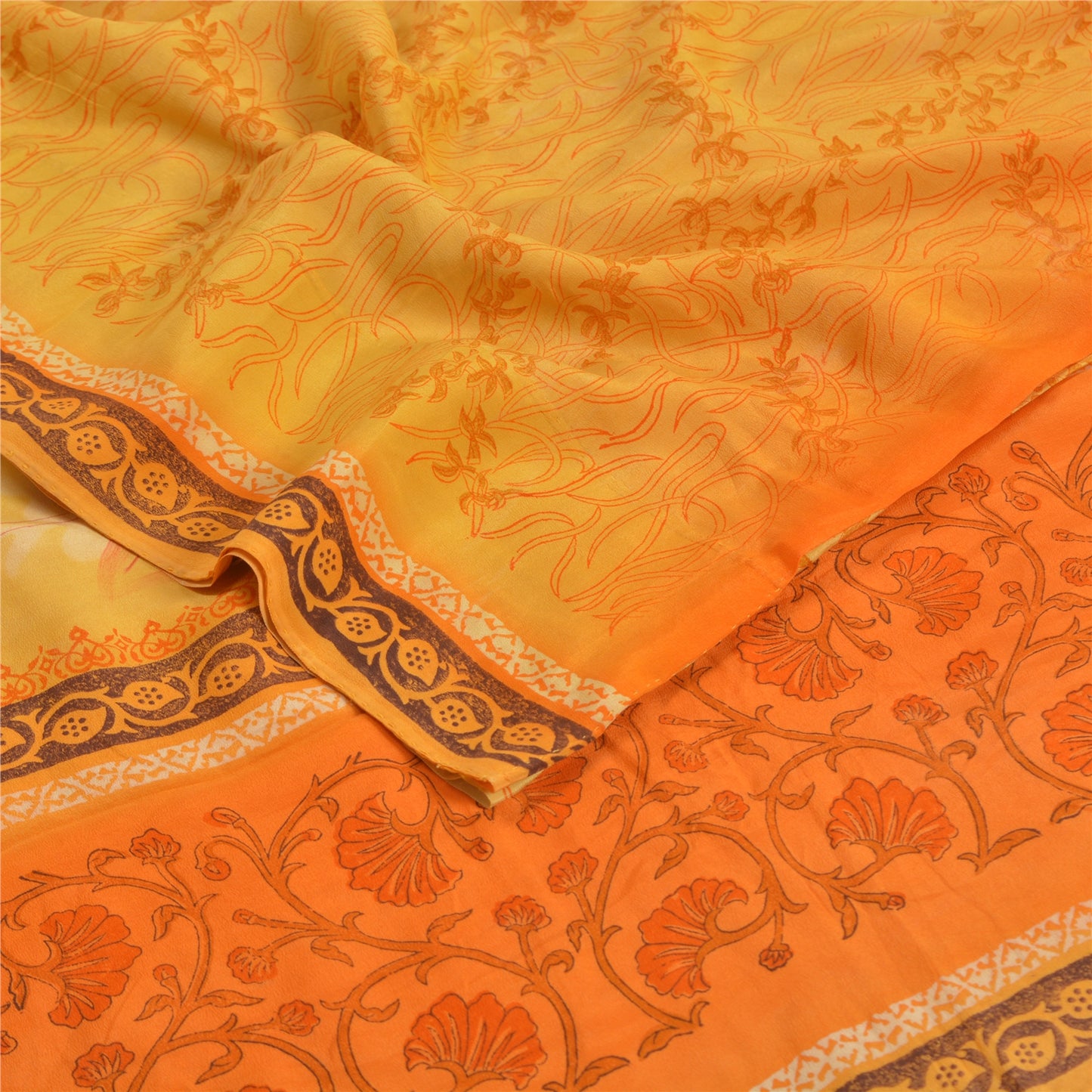Sanskriti Vintage Sarees Yellow 100% Pure Crepe Silk Printed Sari Craft Sustainable Fabric