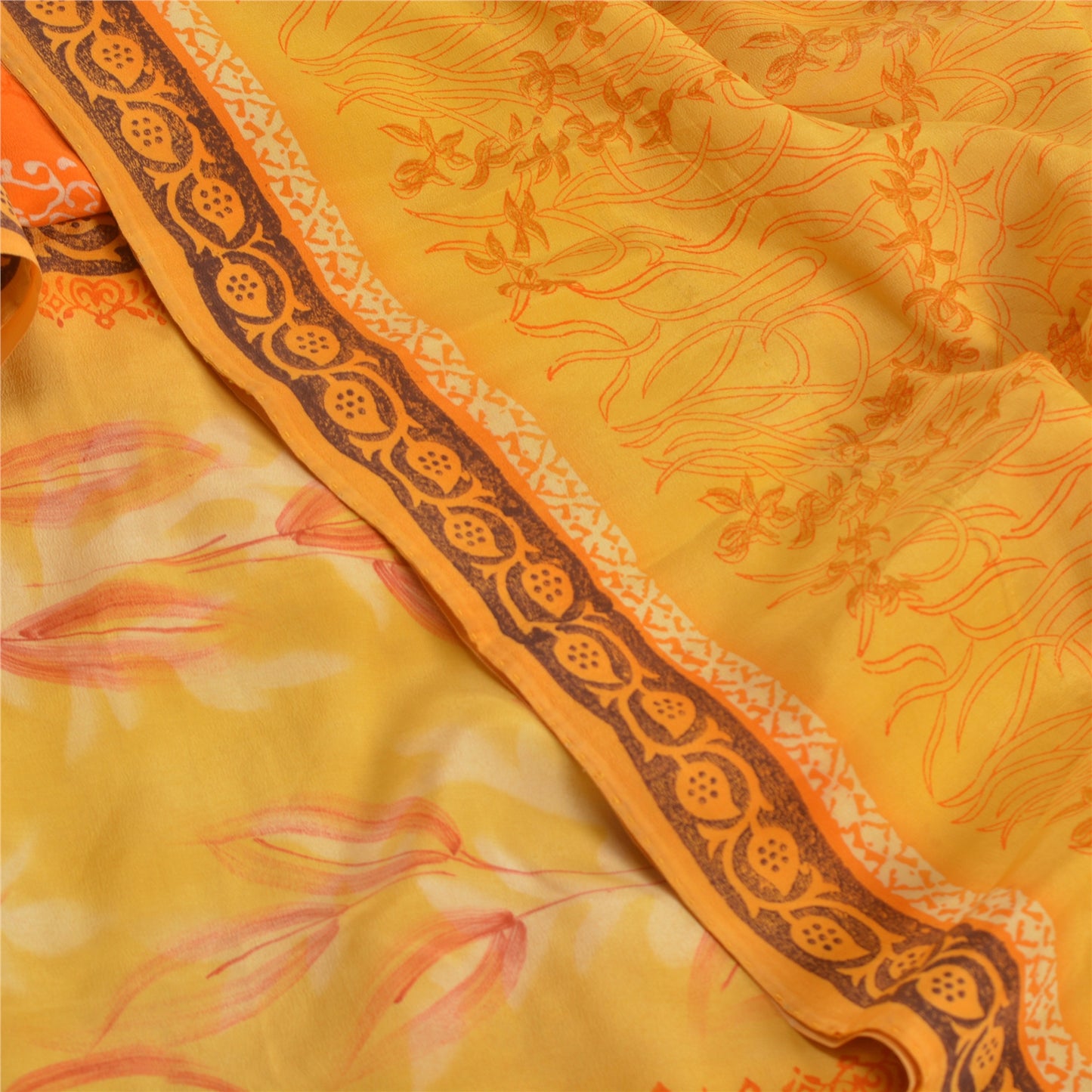 Sanskriti Vintage Sarees Yellow 100% Pure Crepe Silk Printed Sari Craft Sustainable Fabric