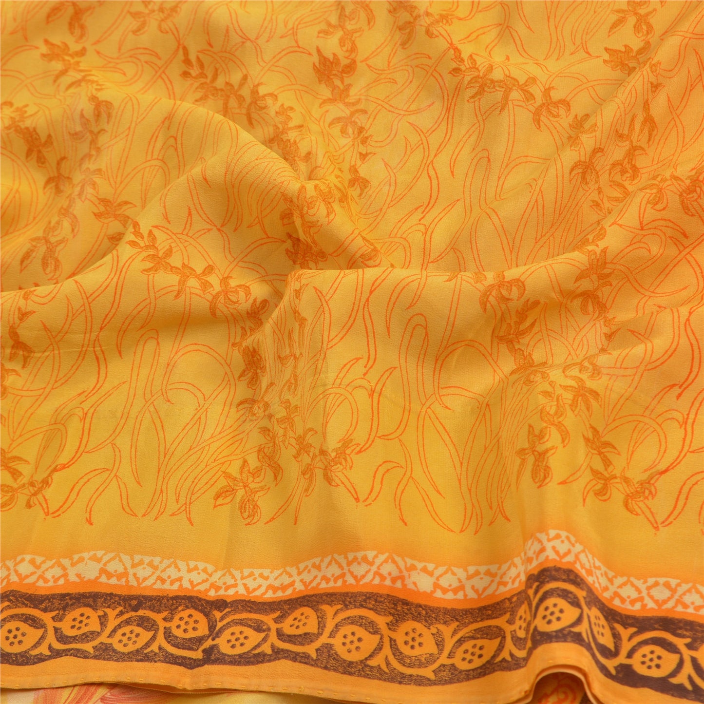 Sanskriti Vintage Sarees Yellow 100% Pure Crepe Silk Printed Sari Craft Sustainable Fabric