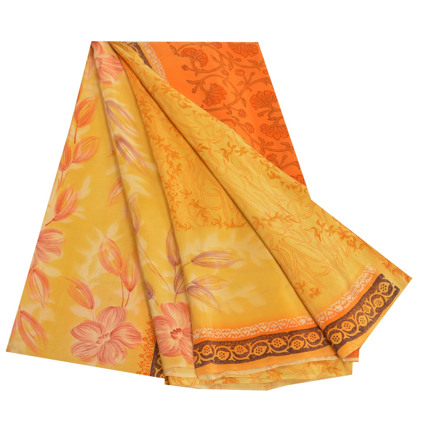 Sanskriti Vintage Sarees Yellow 100% Pure Crepe Silk Printed Sari Craft Sustainable Fabric