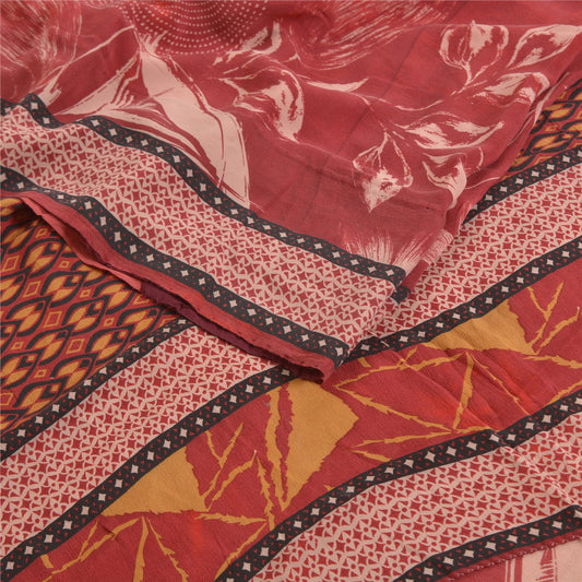 Sanskriti Vintage Sarees Red Pure Crepe Silk Printed Sari Floral Craft Sustainable Fabric