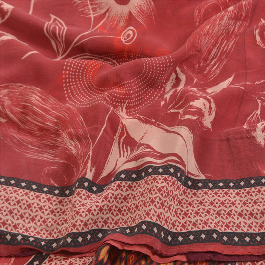 Sanskriti Vintage Sarees Red Pure Crepe Silk Printed Sari Floral Craft Sustainable Fabric