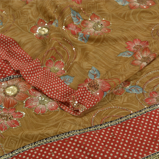 Sanskriti Vintage Sarees Green Hand Beaded Printed Pure Crepe Silk Sari Sustainable Fabric