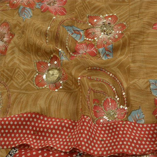 Sanskriti Vintage Sarees Green Hand Beaded Printed Pure Crepe Silk Sari Sustainable Fabric