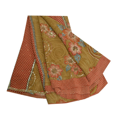 Сари Sanskriti Vintage, зеленое, расшитое вручную бисером, сари из чистого крепированного шелка, устойчивая ткань