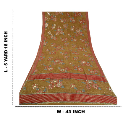 Сари Sanskriti Vintage, зеленое, расшитое вручную бисером, сари из чистого крепированного шелка, устойчивая ткань