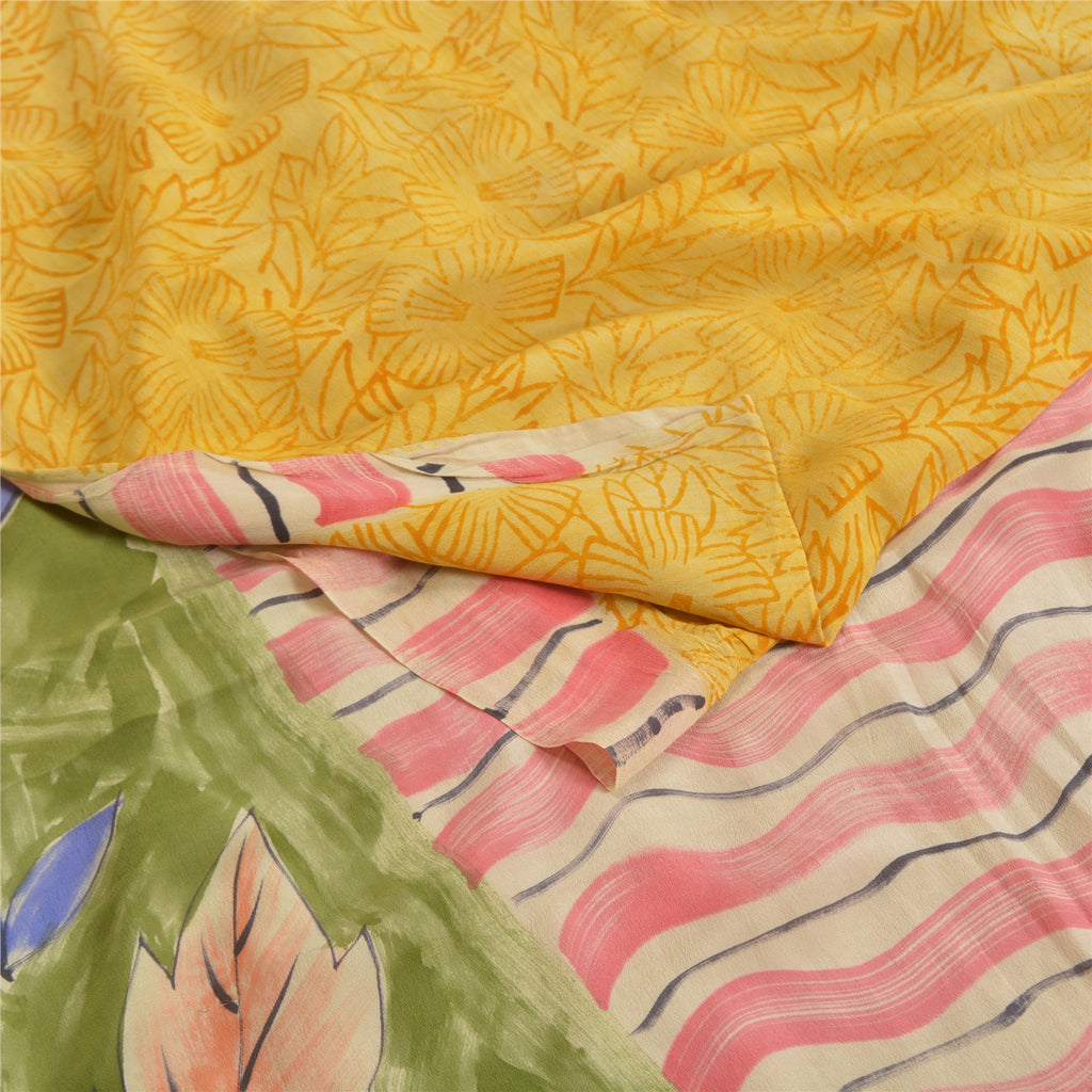 Sanskriti Vintage Sarees Indian Yellow Pure Crepe Silk Printed Sari Craft Sustainable Fabric