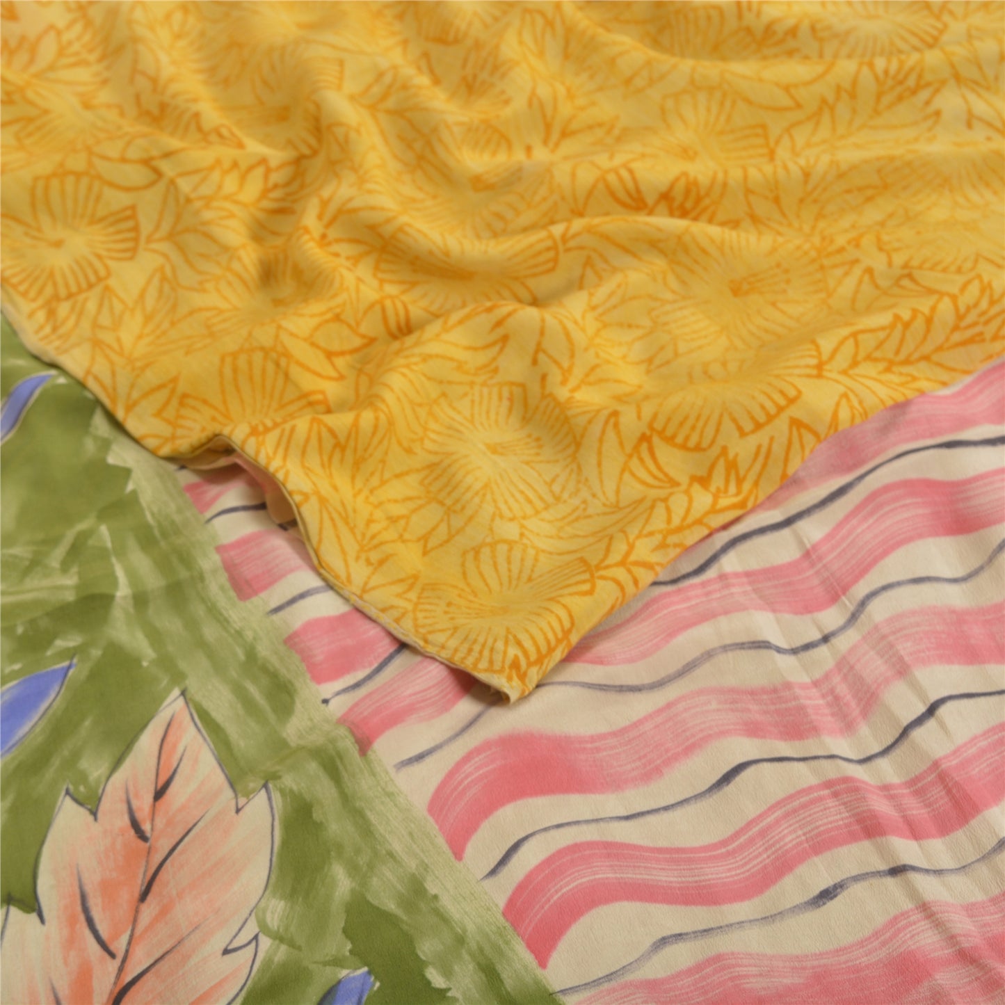 Sanskriti Vintage Sarees Indian Yellow Pure Crepe Silk Printed Sari Craft Sustainable Fabric