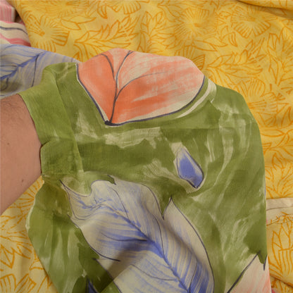 Sanskriti Vintage Sarees Indian Yellow Pure Crepe Silk Printed Sari Craft Sustainable Fabric