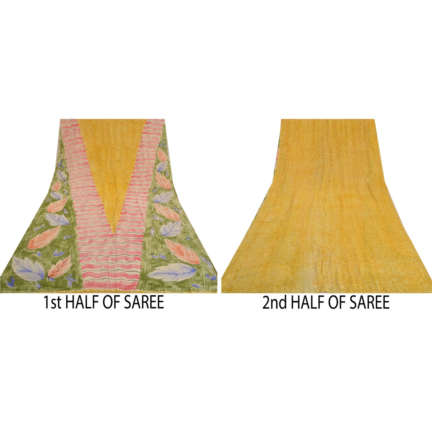 Sanskriti Vintage Sarees Indian Yellow Pure Crepe Silk Printed Sari Craft Sustainable Fabric