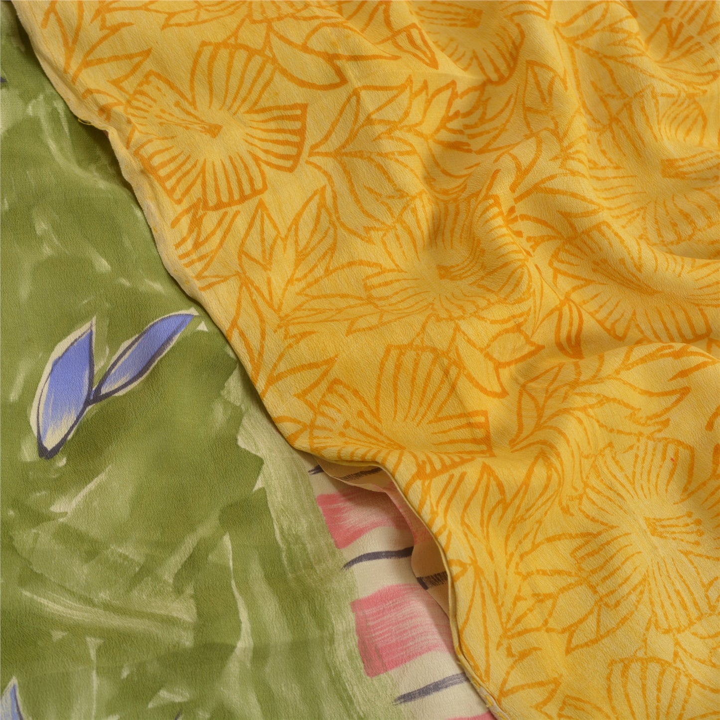 Sanskriti Vintage Sarees Indian Yellow Pure Crepe Silk Printed Sari Craft Sustainable Fabric