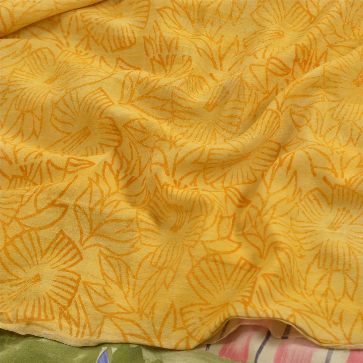 Sanskriti Vintage Sarees Indian Yellow Pure Crepe Silk Printed Sari Craft Sustainable Fabric