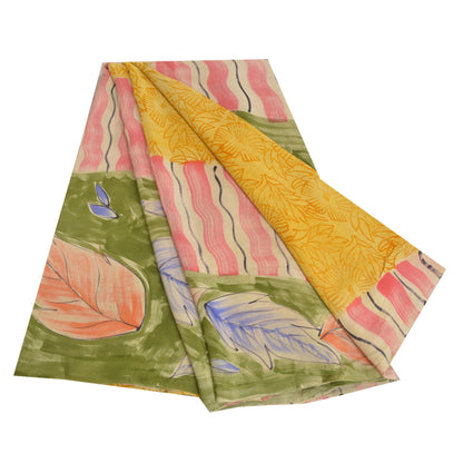 Sanskriti Vintage Sarees Indian Yellow Pure Crepe Silk Printed Sari Craft Sustainable Fabric