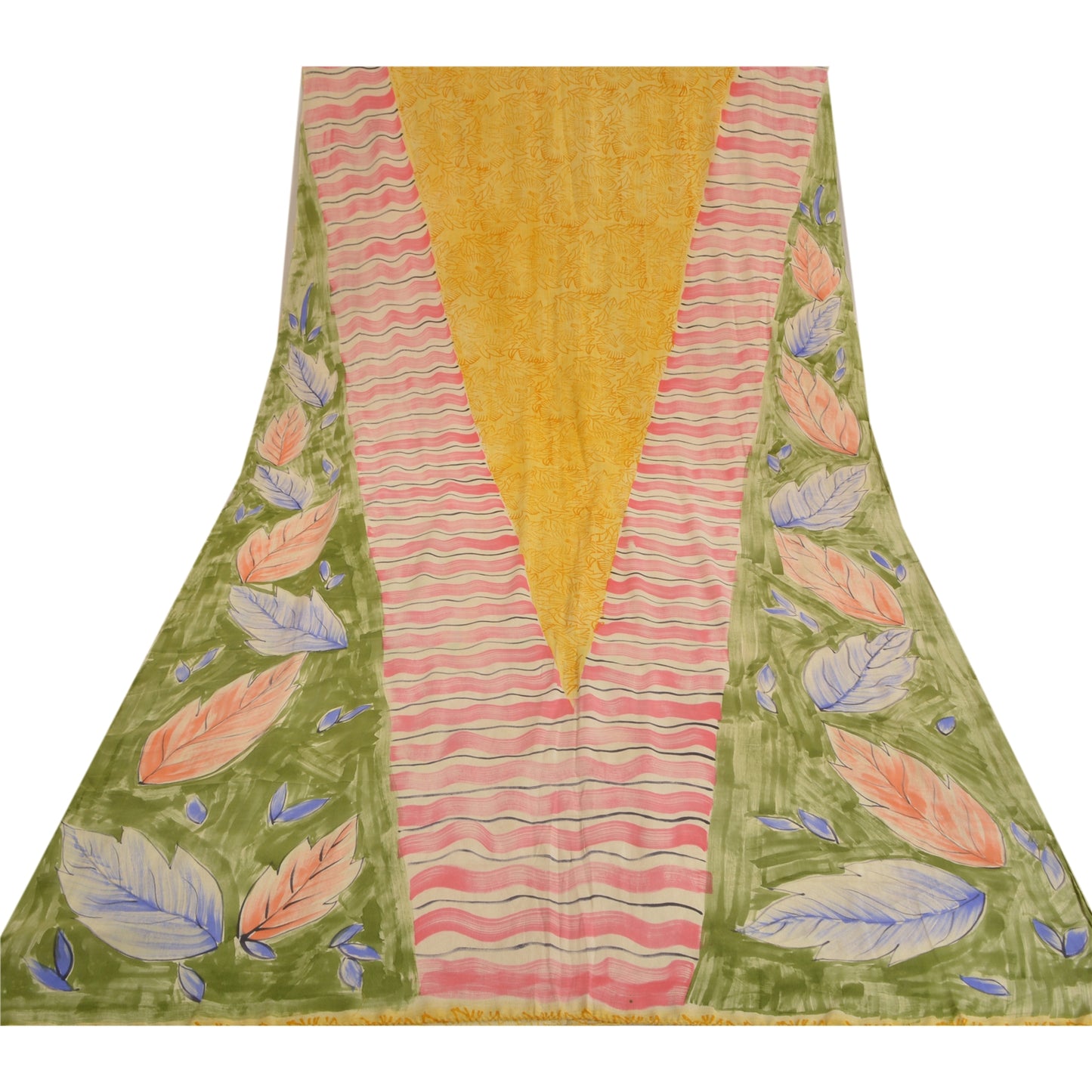 Sanskriti Vintage Sarees Indian Yellow Pure Crepe Silk Printed Sari Craft Sustainable Fabric