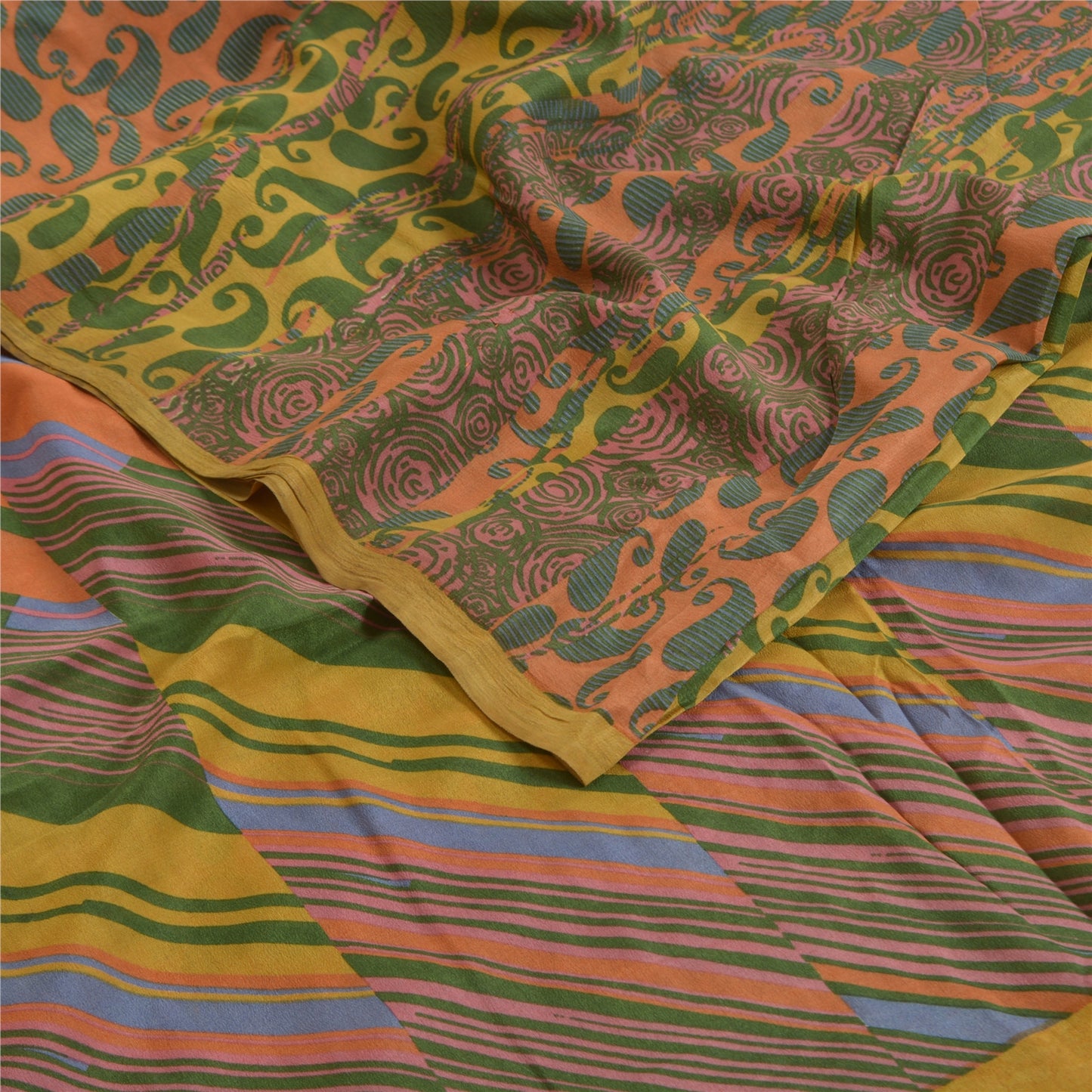Sanskriti Vintage Sarees Multi Pure Crepe Silk Printed Sari Paisley Craft Sustainable Fabric