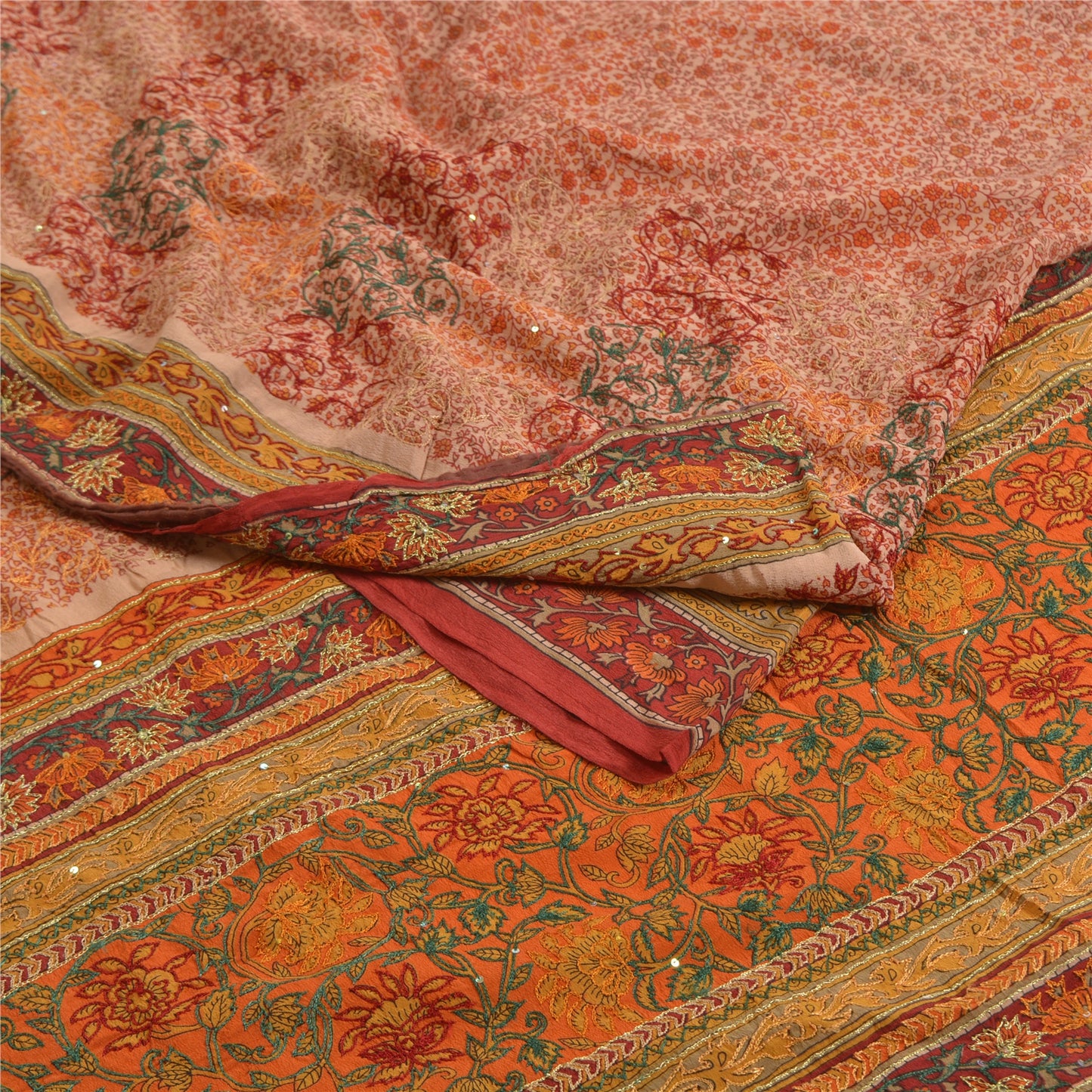 Sanskriti Vintage Sarees Multi Pure Crepe Silk Hand Beaded Printed Sari Sustainable Fabric