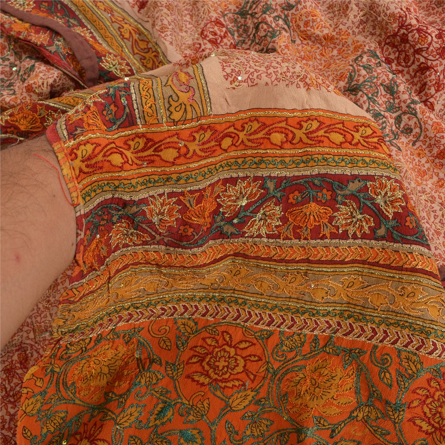 Sanskriti Vintage Sarees Multi Pure Crepe Silk Hand Beaded Printed Sari Sustainable Fabric