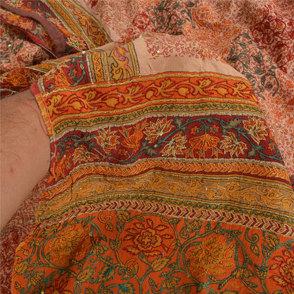 Sanskriti Vintage Sarees Multi Pure Crepe Silk Hand Beaded Printed Sari Sustainable Fabric