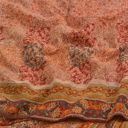 Sanskriti Vintage Sarees Multi Pure Crepe Silk Hand Beaded Printed Sari Sustainable Fabric