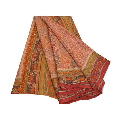 Sanskriti Vintage Sarees Multi Pure Crepe Silk Hand Beaded Printed Sari Sustainable Fabric
