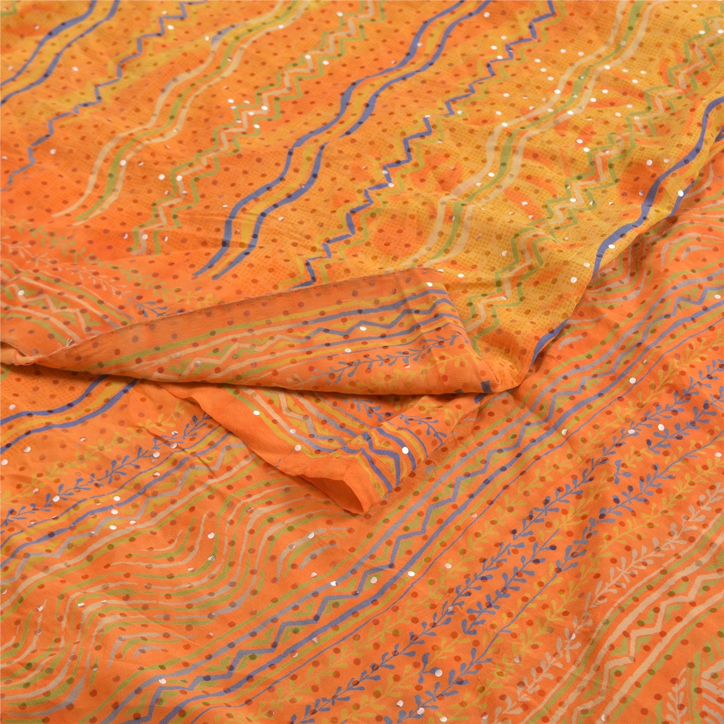 Сари Санскрити Винтаж Оранжевый Чистый Креп Шелк Ручной Работы Бисером Напечатанное Сари Экологичная Ткань