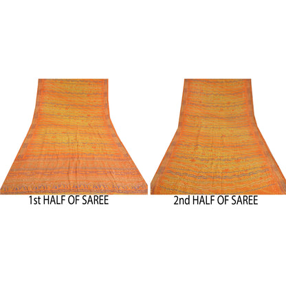 Сари Санскрити Винтаж Оранжевый Чистый Креп Шелк Ручной Работы Бисером Напечатанное Сари Экологичная Ткань