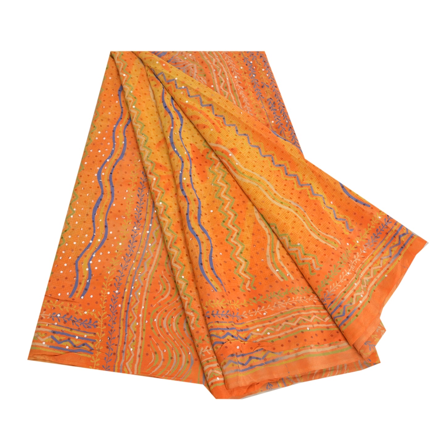 Сари Санскрити Винтаж Оранжевый Чистый Креп Шелк Ручной Работы Бисером Напечатанное Сари Экологичная Ткань
