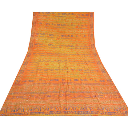 Сари Санскрити Винтаж Оранжевый Чистый Креп Шелк Ручной Работы Бисером Напечатанное Сари Экологичная Ткань