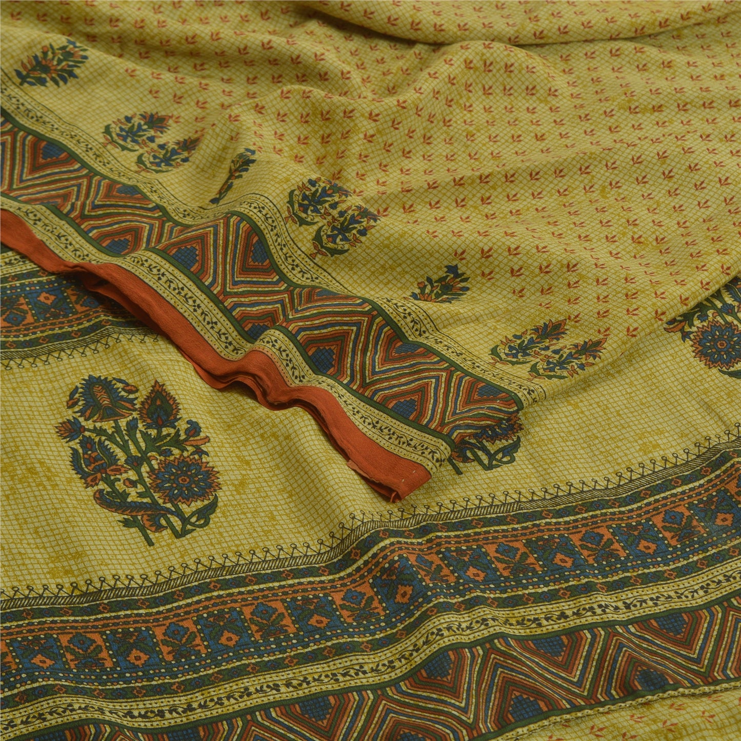 Санскритские винтажные сари зеленое 100% чистый креп шелк напечатанное сари ремесло устойчивая ткань