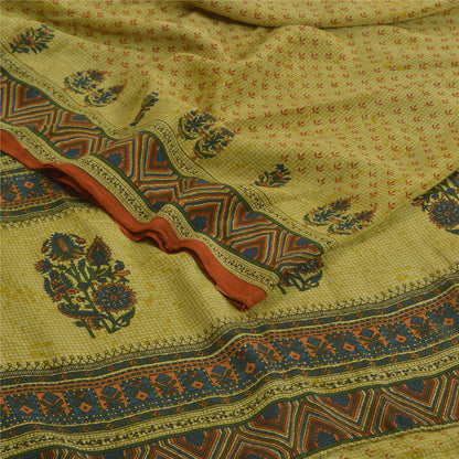 Санскритские винтажные сари зеленое 100% чистый креп шелк напечатанное сари ремесло устойчивая ткань