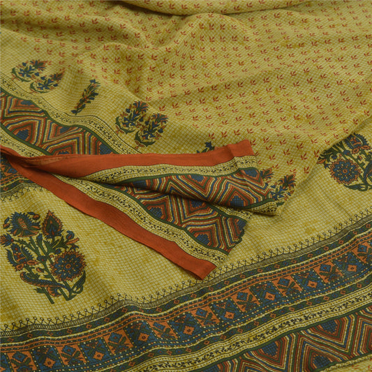 Sanskriti Vintage Sarees Green 100% Pure Crepe Silk Printed Sari Craft Sustainable Fabric