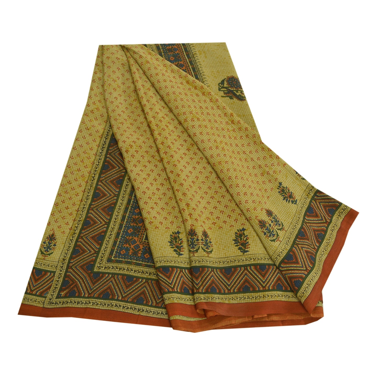 Санскритские винтажные сари зеленое 100% чистый креп шелк напечатанное сари ремесло устойчивая ткань