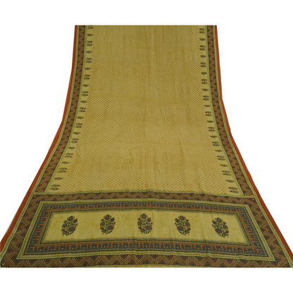 Санскритские винтажные сари зеленое 100% чистый креп шелк напечатанное сари ремесло устойчивая ткань