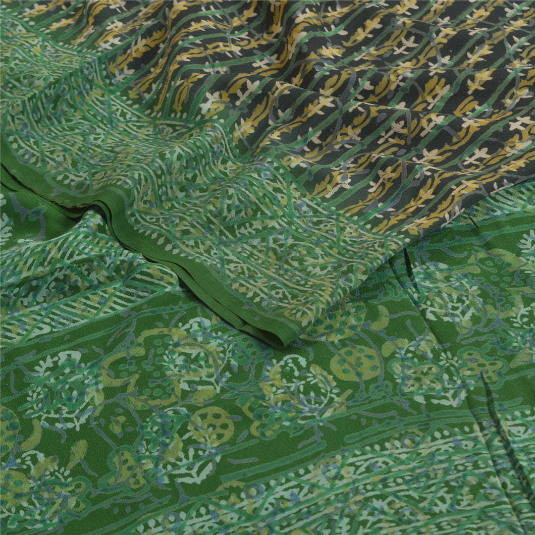 Sanskriti Vintage Sarees Black Hand Block Printed Pure Crepe Silk Sari Fabric
