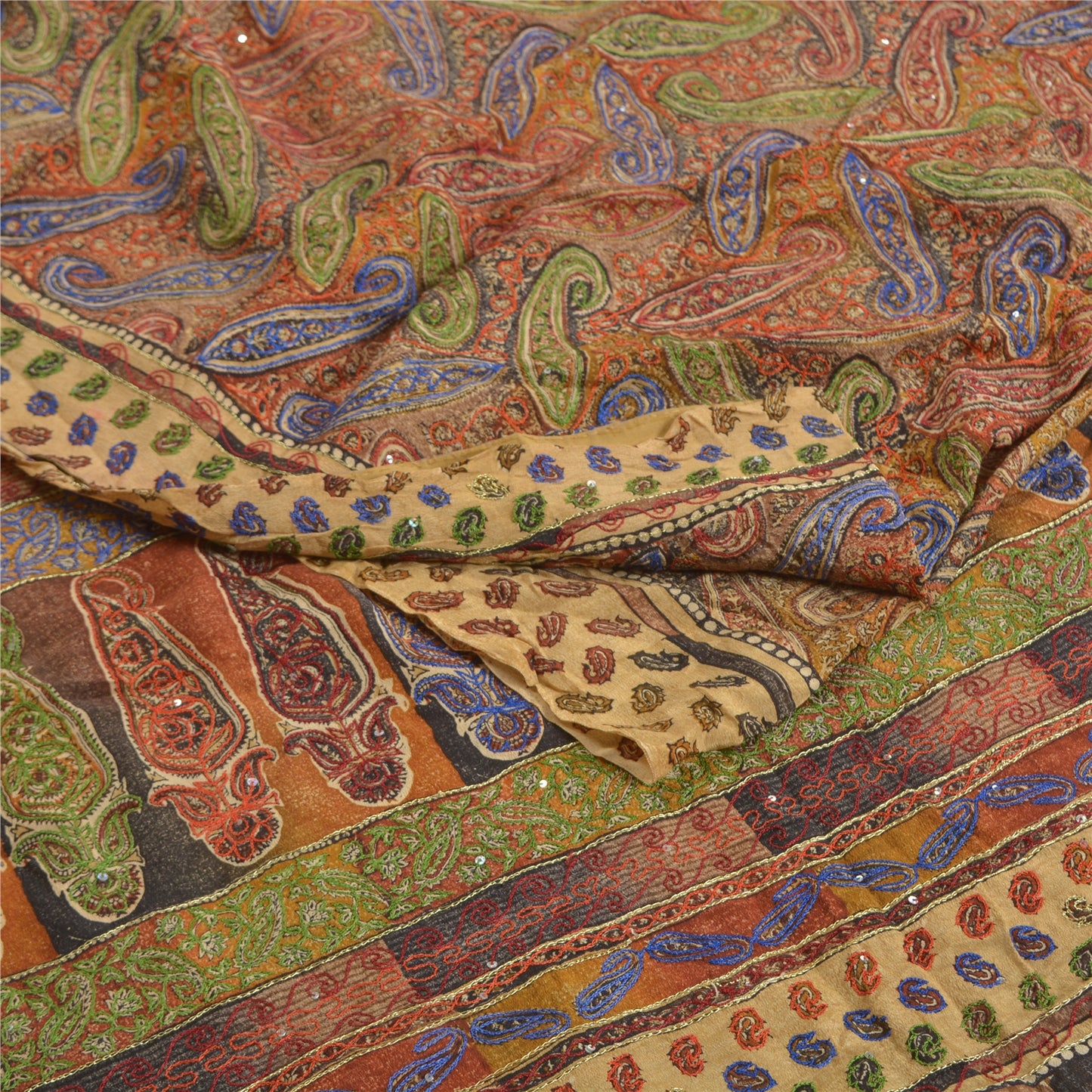 Sanskriti Vintage Sarees i multi-håndperletrykt ren crepe silke sari i bæredygtigt stof