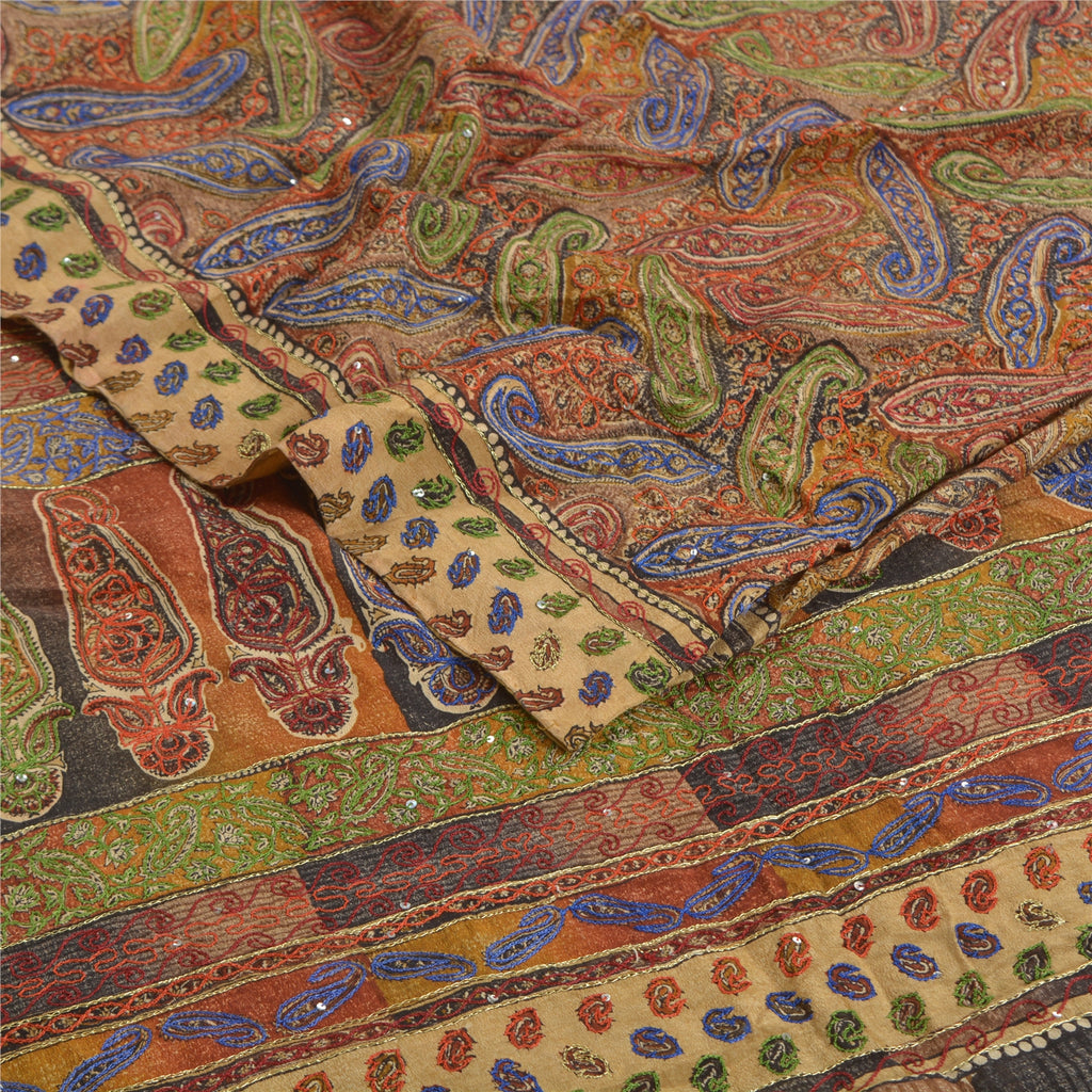 Sanskriti Vintage Sarees i multi-håndperletrykt ren crepe silke sari i bæredygtigt stof