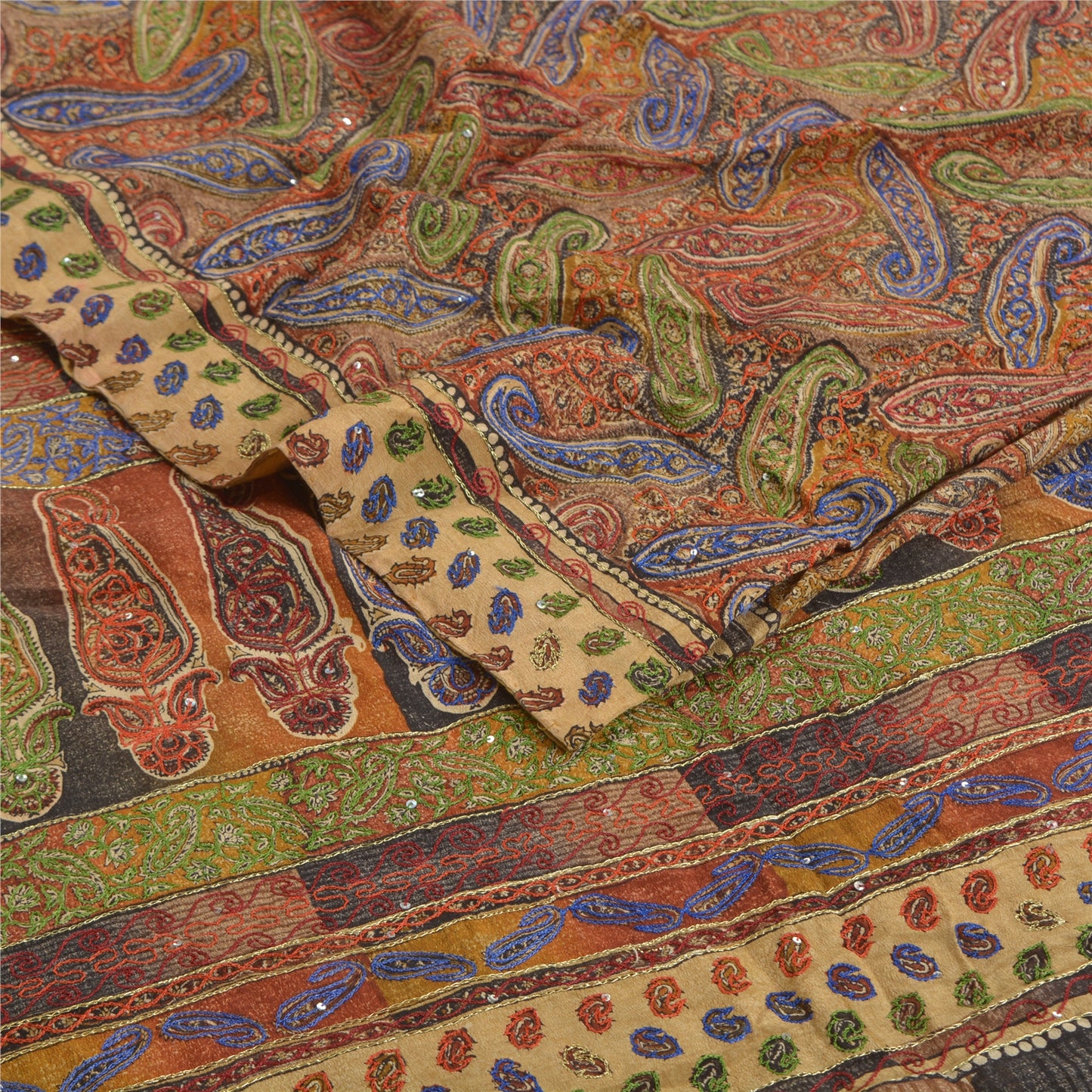 Sanskriti Vintage Sarees i multi-håndperletrykt ren crepe silke sari i bæredygtigt stof